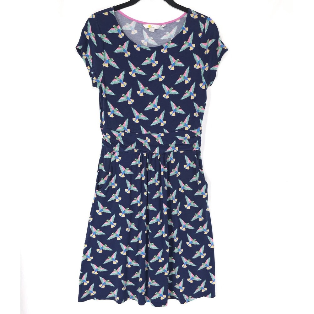 BODEN Women's Knee Length Dress Bird Print 4 Petite Stretch Navy Pockets J0326 - Picture 3 of 9